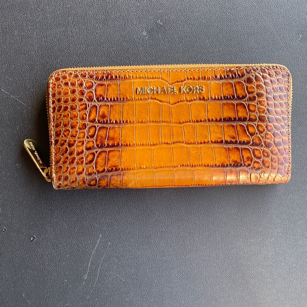 Michael Kors Croc-Embossed Zip-Around Wallet in Cognac Brown with Gold Hardware